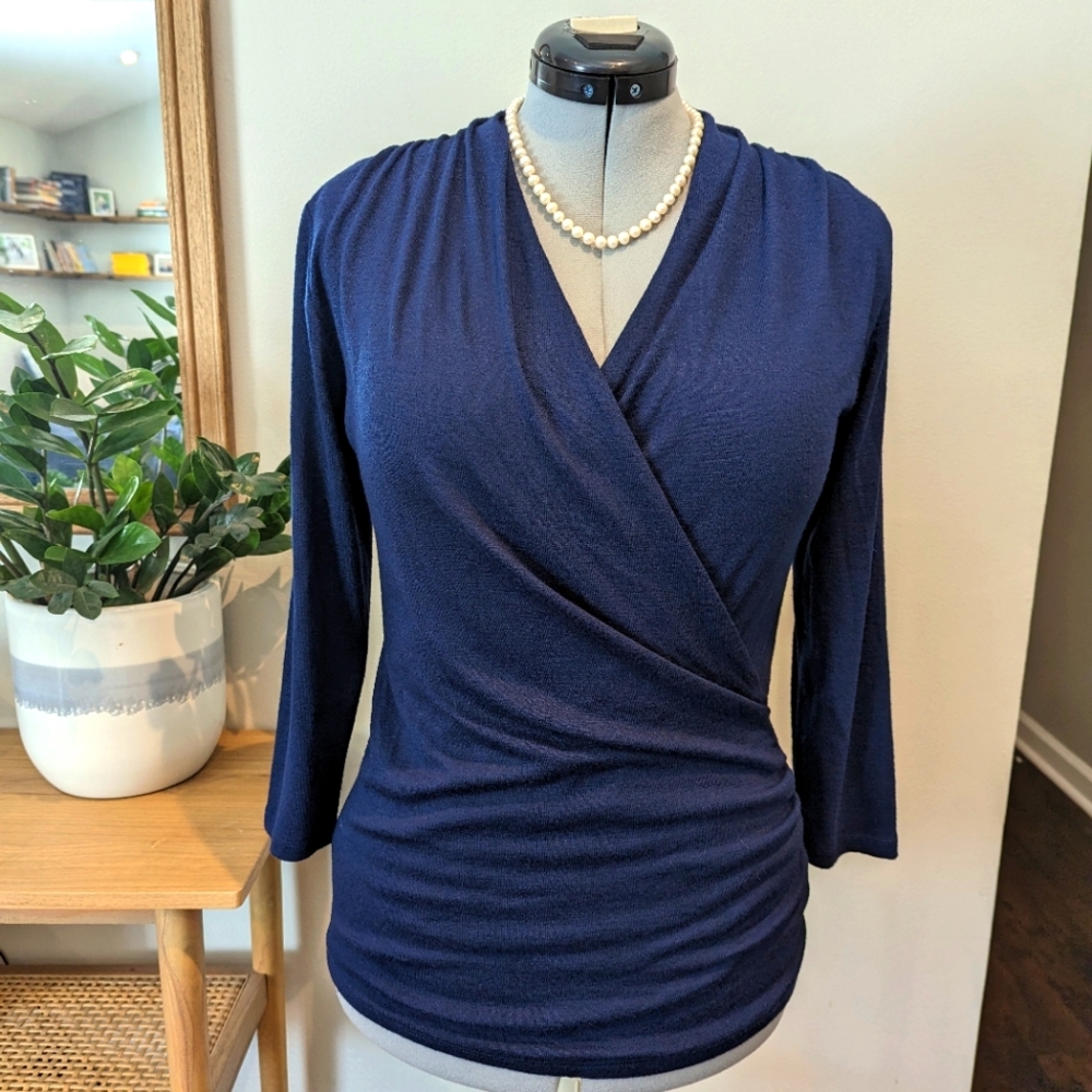 Navy blue V neck 3/4 sleeve faux wrap top